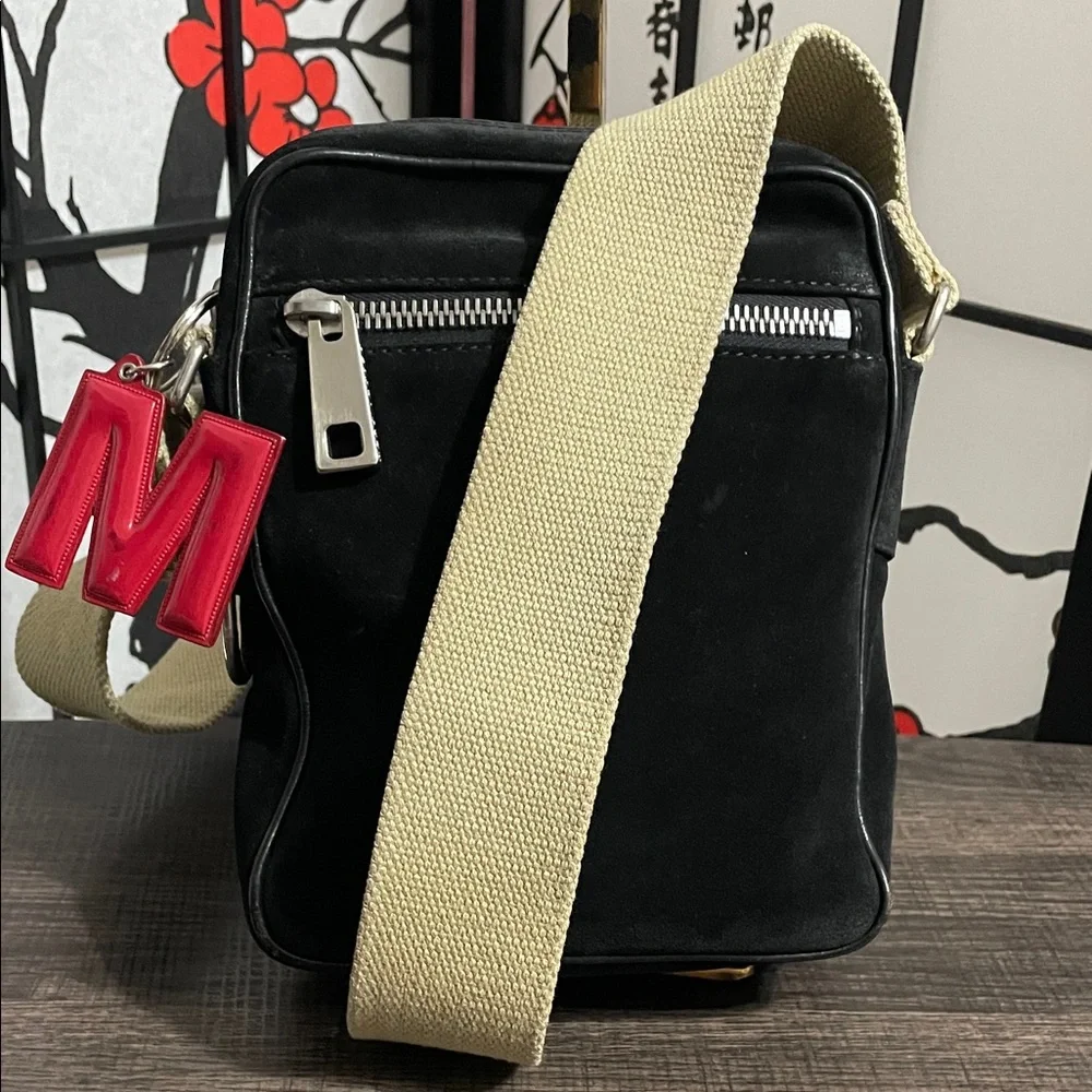 Marc Jacobs Suede Vintage Black Crossbody with Cream Strap and Red M Charm
